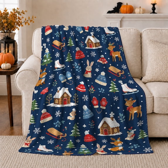 Whimsical Winter Lodge Reindeer Cottage Navy Blue, Festive Holiday Scene, Warm Flannel Blanket for Living Room and Reading Nook, Art Lovers Christmas Gift, Festive Home Decor
