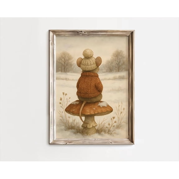 Whimsical Winter Mouse Art, Cottagecore Mushroom Mouse, Winter Mouse Poster, Cosy Winter Art, Cute Mouse Wall Art, Nursery Mouse Poster, Unframed Poster Size 8x12