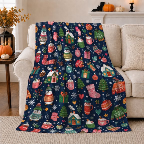Whimsical Winter Penguins Sweaters Navy Blue, Festive Holiday Scene, Warm Flannel Blanket for Living Room and Family Room, Art Lovers Christmas Gift, Festive Home Decor
