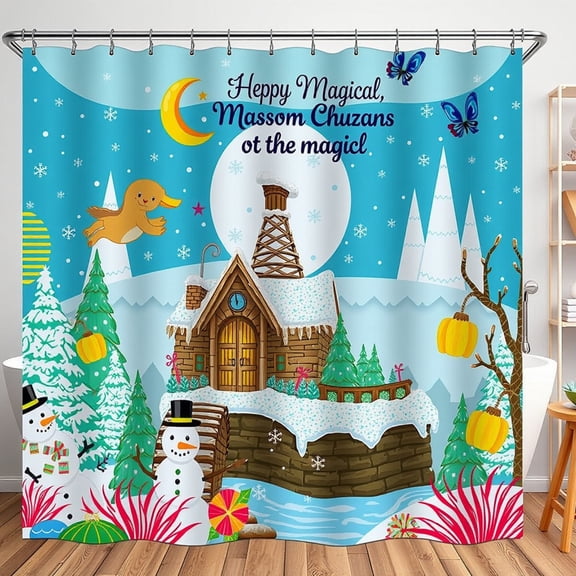 Whimsical Winter Shower Curtain - Snowy Cabin Snowmen & Mythical Creature