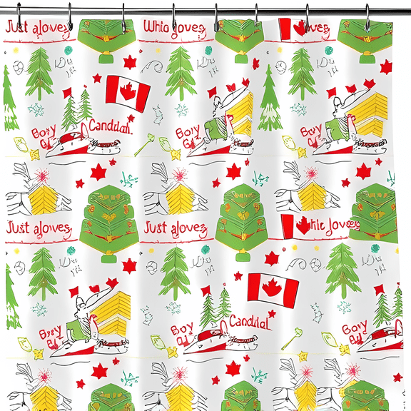 Whimsical Winter Shower Curtain with Cartoon Trees & Canadian Flags - Festive Bathroom Decor