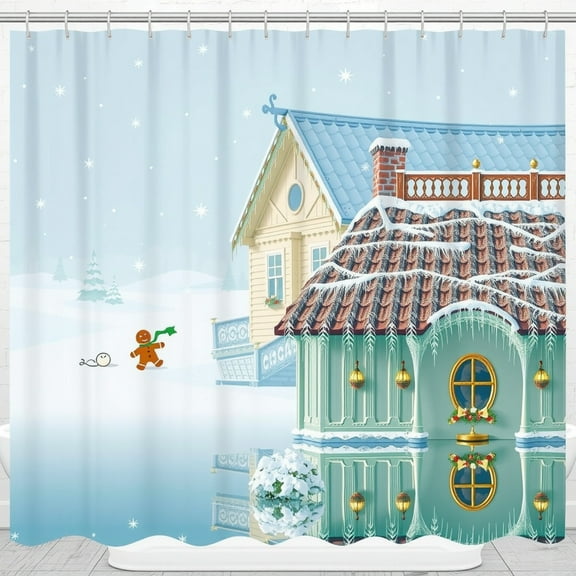 Whimsical Winter Shower Curtain with Gingerbread Man & Charming Houses