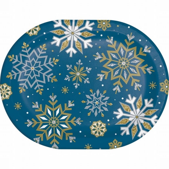 Whimsical Winter Snowflakes 12-inch Oval Paper Plates 8 Per Pack
