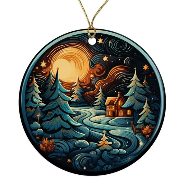 Whimsical Winter Town Ceramic Ornament - Beautiful Classic Design - 3 Inch Christmas Tree Round Ornament - Xmas Holiday Decor - String Included - ORN0045