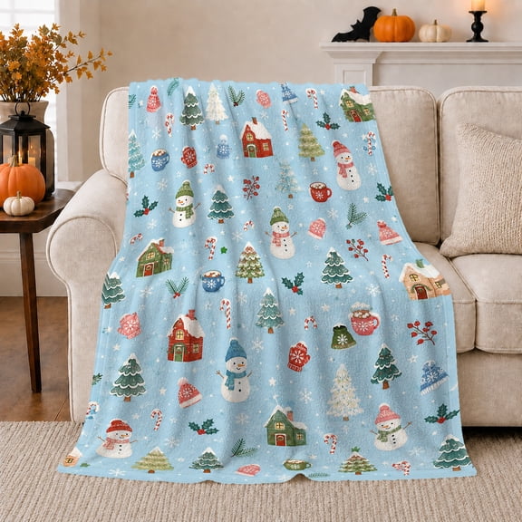 Whimsical Winter Village Snowman Holiday, Festive Holiday Scene, Warm Flannel Blanket for Living Room and Family Room, Art Lovers Christmas Gift, Festive Home Decor