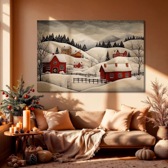 Whimsical Winter Village Wall Art Red Houses In Snowy Landscape Poster Winter Decor Folk Poster Ready To Hang Gift, Unframed Poster Size 24x36