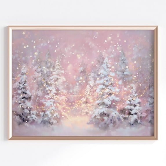 Whimsical Winter Wall Art, Pink Winter Forest With Snow Covered Trees And Sparkling Lights, Pastel Decor Home Decor #780, Unframed Canvas Size 8x12