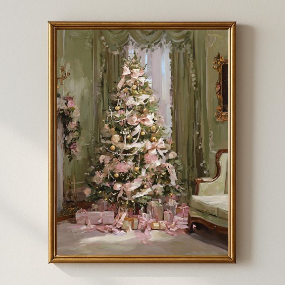 Whimsical Winter Wall Art, Winter Tree Decorated With Pink Bows And In Elegant Sage Green Room Pastel Home Decor #805, Unframed Canvas Size 24x36