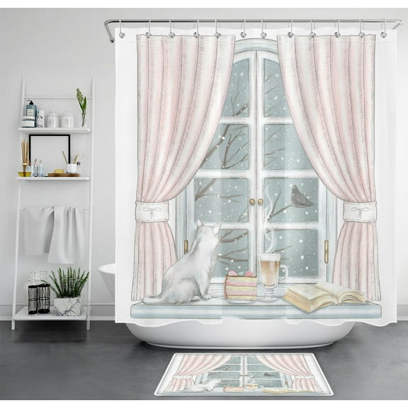 Whimsical Winter Wonderland Cat Shower Curtain Set - Add Charm to Your Bathroom with this Adorable Snowy Scene!