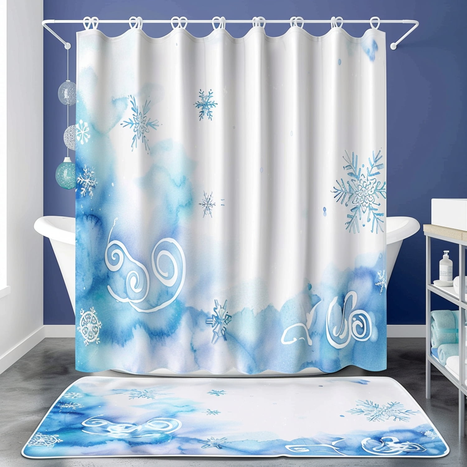 Whimsical Winter Wonderland Shower Curtain Set Cartoon Snowflake Design