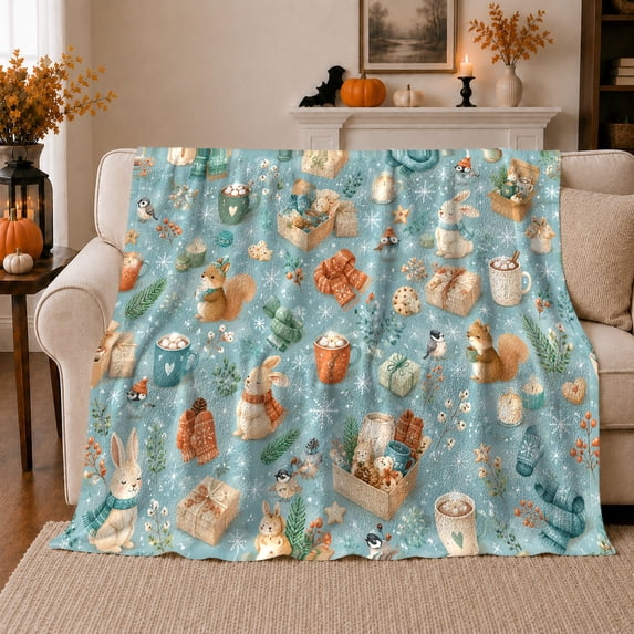 Whimsical Winter Woodland Animals, Festive Holiday Scene, Warm Flannel Blanket for Cabin and Lodge with Detailed Artwork, Art Lovers Housewarming Gift, Festive Home Decor