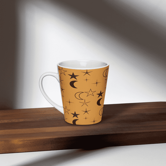 Whimsical Wisdom, 12 oz. Latte Mug, Boho Stars & Moon Design Mug, Gold-Yellow Latte Mug