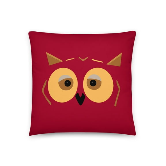 Whimsical Wisdom 18"x18" Pillow: Owl Design on Dark Red Background