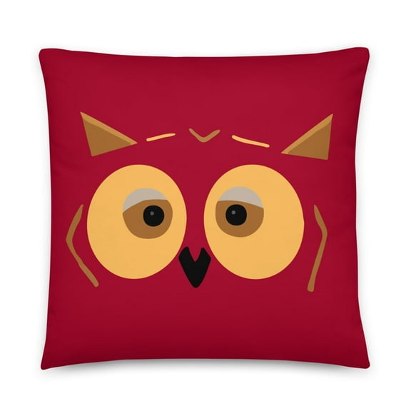 Whimsical Wisdom 22"x22" Pillow: Owl Design on Dark Red Background