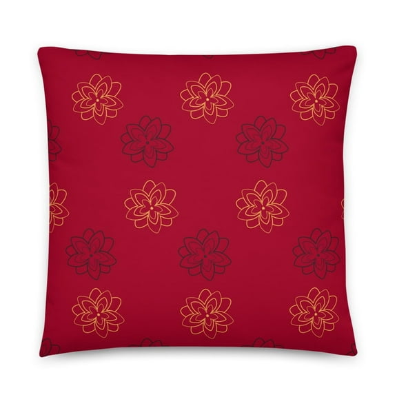 Whimsical Wisdom Black & Gold Flower Boho Design, Dark Red Background, Polyester 22"x22" Square Accent Pillow for Home Decor, Hidden Zipper, Included Insert