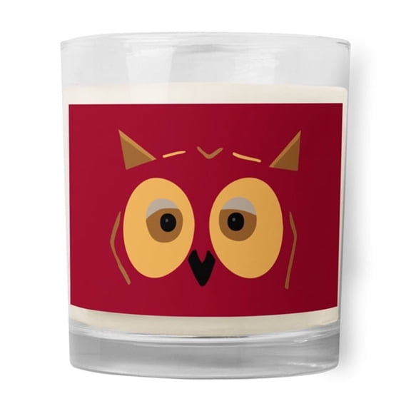 Whimsical Wisdom Soy Wax Candle-Owl Design with Red Background on Candle with Glass Jar