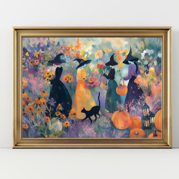Whimsical Witch Garden Autumn Art Magical Floral Artwork Black Cat Pumpkin Decor, UNFRAMED Size 30x30