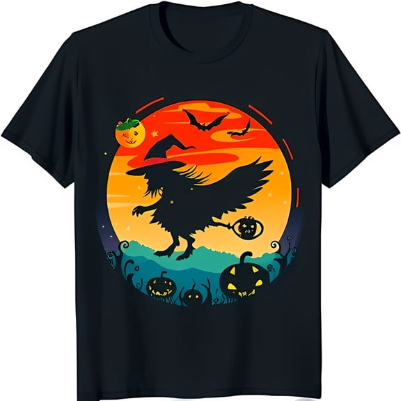 Whimsical Witch Graphic Black T-Shirt for Halloween Vibrant Sunset & Pumpkins Design