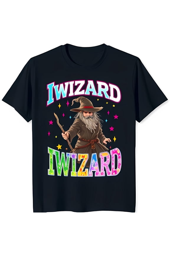 Whimsical Wizard Magic Graphic Black T-Shirt for & Adults Fun & Colorful Design