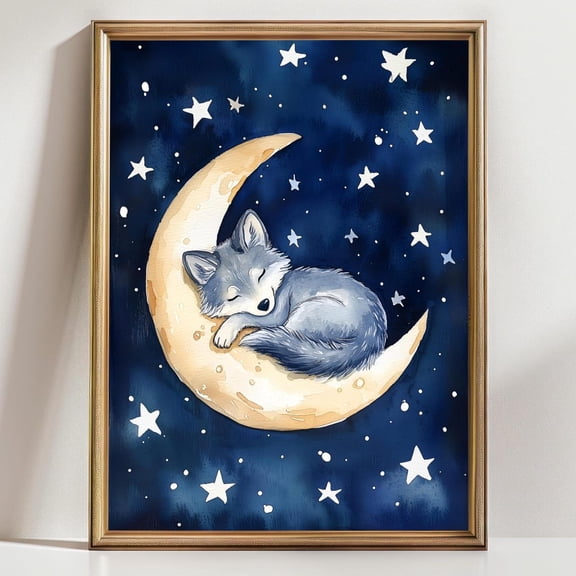 Whimsical Wolf Moon Sleeping Wolf Art Nursery Decor Room Wall Art