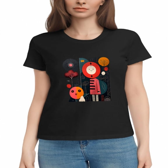Whimsical Women's Cotton Short Sleeve T-Shirt with Colorful Character Abstract Shapes & Vibrant Patterns on Dark Background