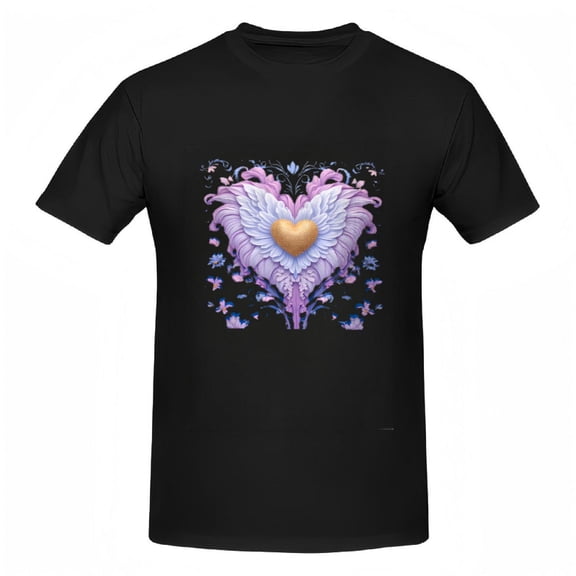 Whimsical Women's Cotton Short Sleeve T-Shirt with Colorful Heart & Wing Design Floral Accents Magical Tee Top