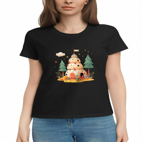 Whimsical Women's Cotton Short Sleeve T-Shirts with Colorful Candy House & Autumnal Pattern - Playful Tee Tops for a Magical Look