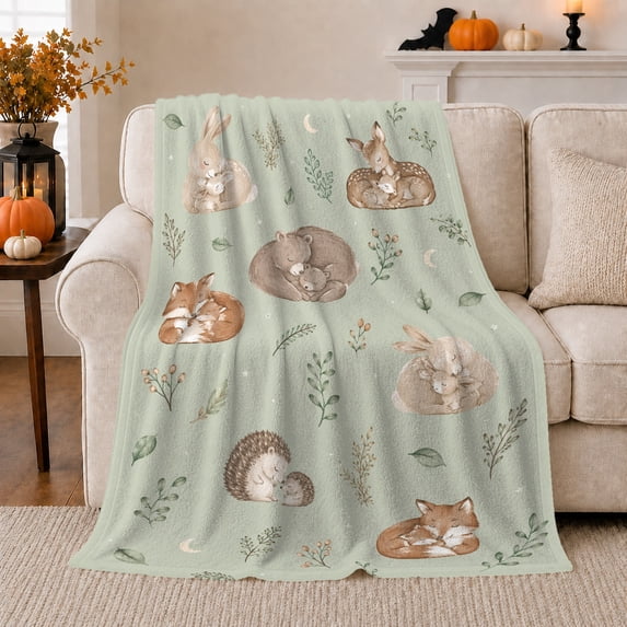 Whimsical Woodland Animal Pairings Watercolor Sage Green Nursery, Playful Woodland Scene, Warm Flannel Blanket for Cabin and Lodge, Wildlife Lovers Housewarming Gift, Celestial Home Decor