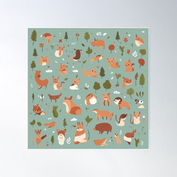 Whimsical Woodland Animals: Minimalist Vector Art In Nature'S Palette Poster Wall Art, Modern Wall Decor For Living Room Bedroom, 24x24 UNFRAMED