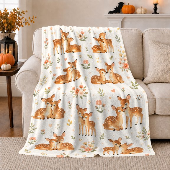Whimsical Woodland Fawns Nuzzling Pairs Peach Florals Cute, Cozy Woodland Scene, Warm Flannel Blanket for Cabin and Lodge, Garden Lovers Valentine's Day Gift, Playful Home Decor