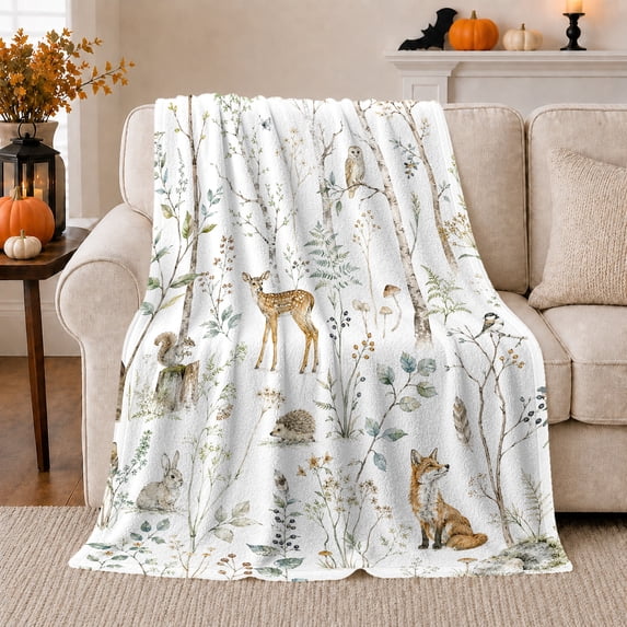 Whimsical Woodland Forest Animals Fawn Fox Owl Scene, Peaceful Bird Art Scene, Warm Flannel Blanket for Living Room and Reading Nook, Bird Lovers Friendship Gift, Artistic Home Decor