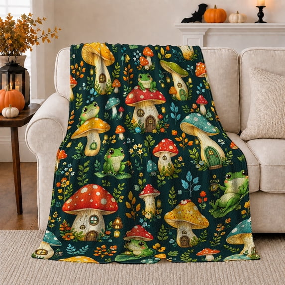 Whimsical Woodland Frog Mushroom House Scene Fantasy Illustration, Mystical Woodland Scene, Warm Flannel Blanket for Cabin and Lodge, Garden Lovers Housewarming Gift, Fantasy Home Decor