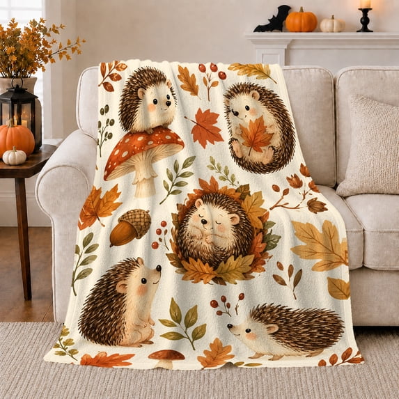 Whimsical Woodland Hedgehog Red decorative motif Scene Autumn Forest, Festive Holiday Scene, Warm Flannel Blanket for Cabin and Lodge, Art Lovers Christmas Gift, Festive Home Decor
