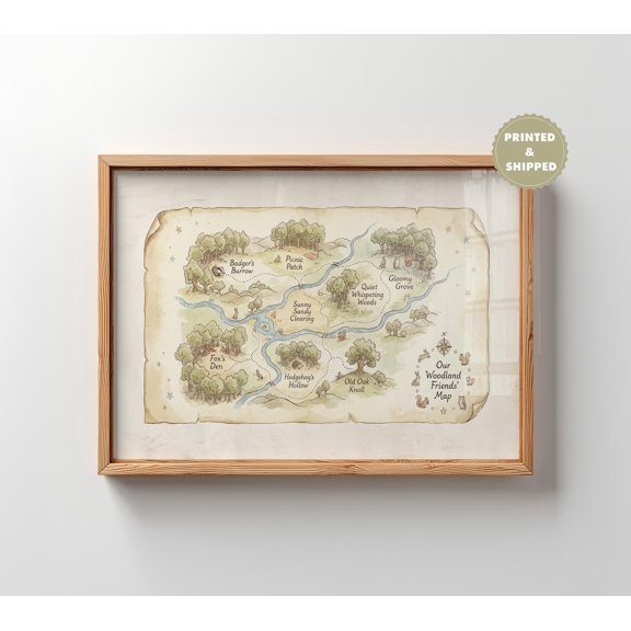 Whimsical Woodland Map Storybook Forest Illustration Nursery Animal Nature Decor Portrait Decor Unframed Paper Print