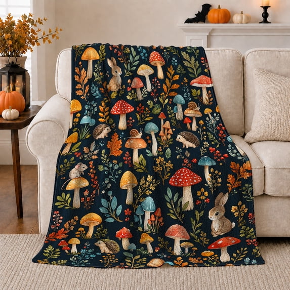 Whimsical Woodland Mushroom Scene, Mystical Woodland Scene, Warm Flannel Blanket for Cabin and Lodge with Detailed Artwork, Garden Lovers Housewarming Gift, Fantasy Home Decor