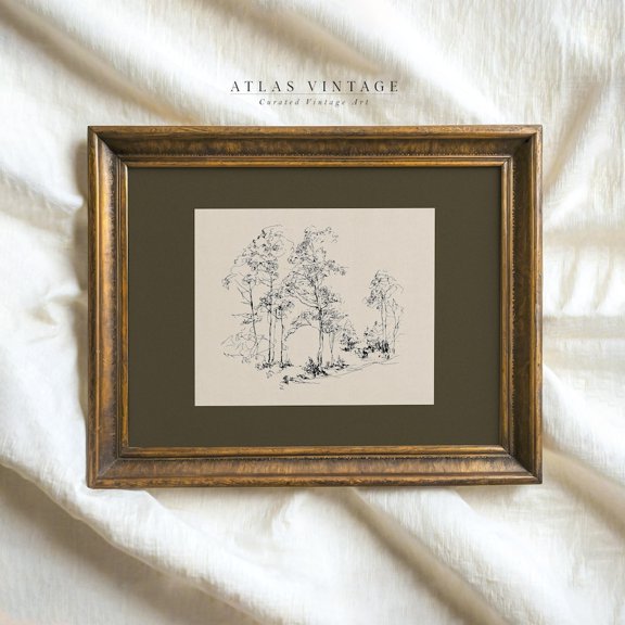 Whimsical Woodland Scene Vintage Tree Sketch Art Print Forest Landscape Drawing Wall Art Farmhouse Siege Green Decor Art
