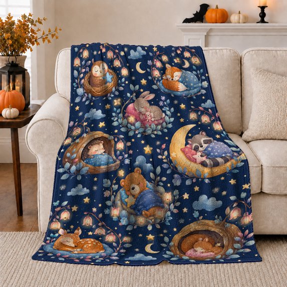 Whimsical Woodland Slumber Serene Forest Animals Under Starry, Peaceful Bird Art Scene, Warm Flannel Blanket for Cabin and Lodge, Bird Lovers Housewarming Gift, Artistic Home Decor