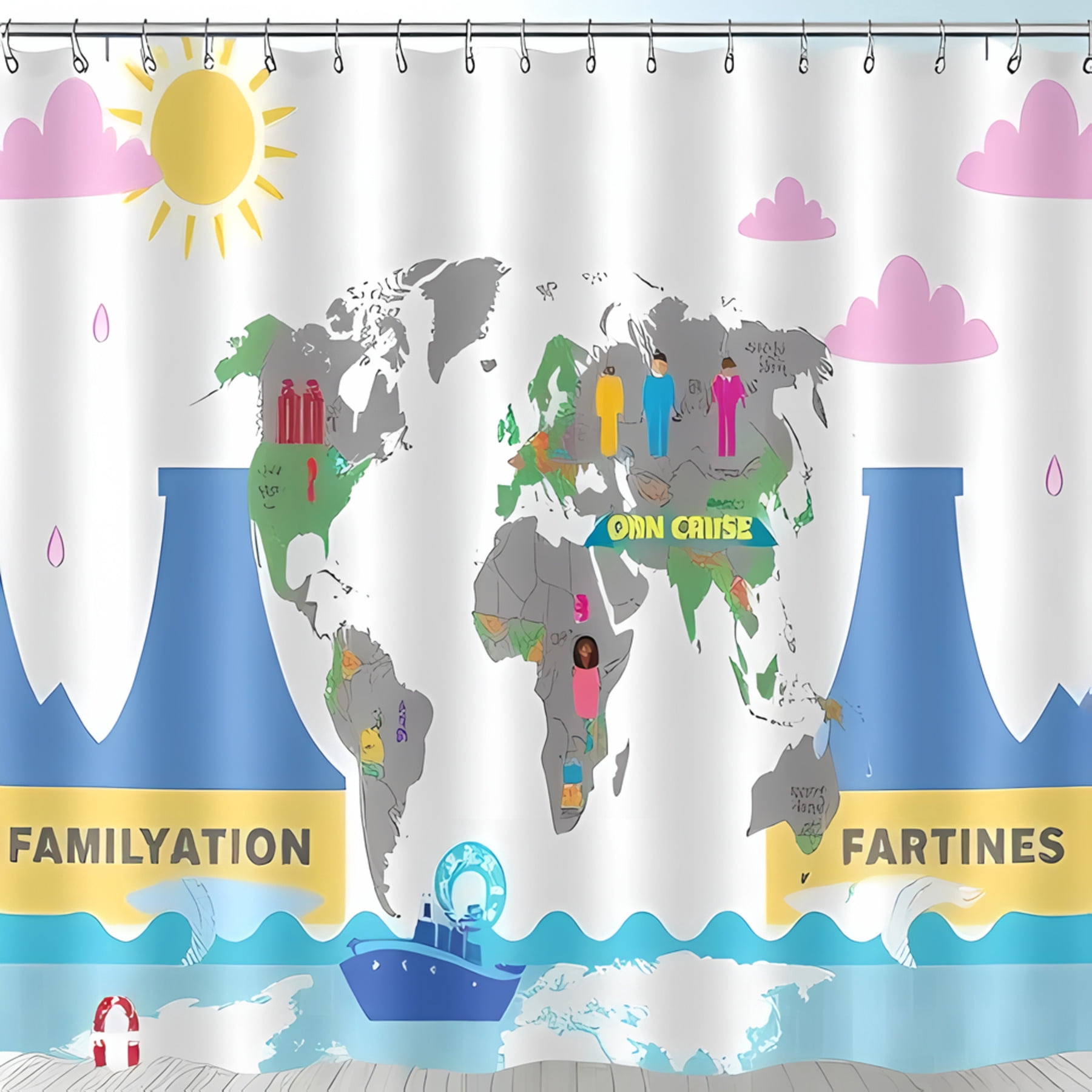 Whimsical World Map Shower Curtain with Cartoon Figures Playful Cooling ...