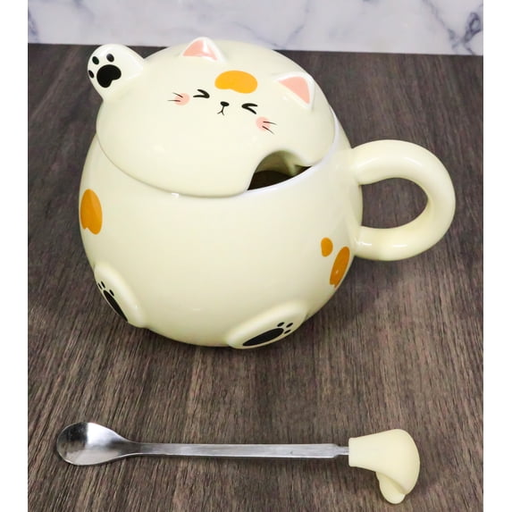 Whimsical Yellow Chubby Feline Kitty Cat Cup Mug With Lid And Stirring Spoon