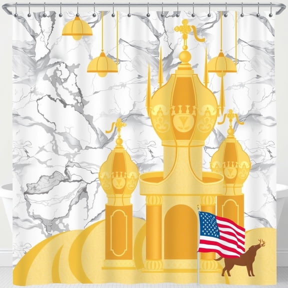 Whimsical Yellow & Gold Castle Shower Curtain with Deer & Chandeliers