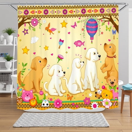Whimsical Yellow Shower Curtain with Cartoon Dogs, Hot Air & Fun Designs
