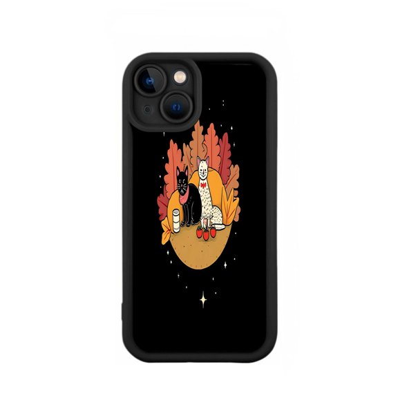 Whimsical Yellowing Resistant Lightweight iPhone 15 Case - Features Artistic Autumn Trees Design with Black Cat