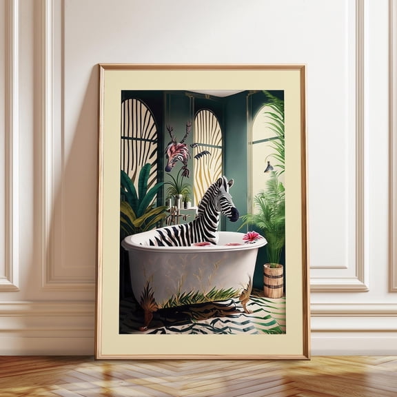 Whimsical Zebra Bathtub Playful Wall Art Print, Creative Bathroom Theme For Bathroom Gallery Wall Decor