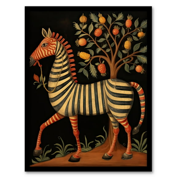 Whimsical Zebra Posing by Fruit Tree Orange Grey Green Medieval Bestiary Style Surreal Oil Painting Art Print Framed Poster Wall Decor 12x16 inch