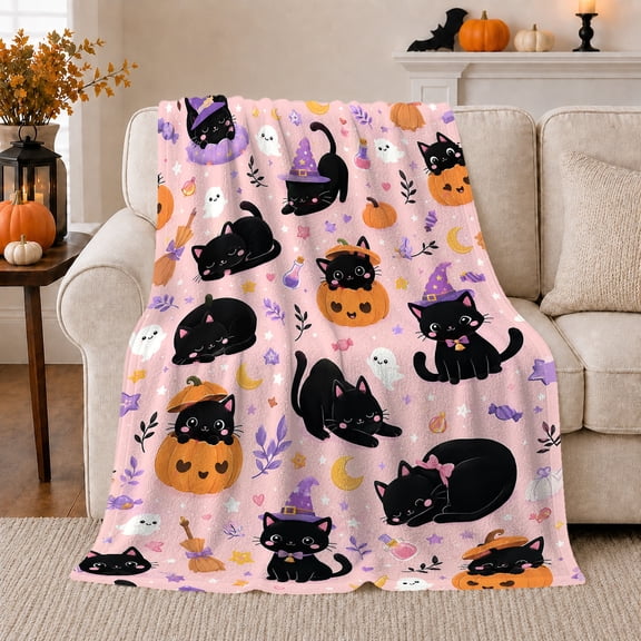 Whimsical autumn celebration Cats Pattern, Playful Pet Portrait Pattern, Warm Flannel Blanket for Living Room and Bedroom, Cat Lovers autumn celebration Gift, Pet Lover Home Decor
