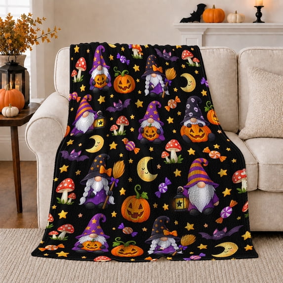 Whimsical autumn celebration Gnomes Pumpkins Bats Cute, Festive autumn celebration Scene, Warm Flannel Blanket for Living Room and Family Room, Art Lovers autumn celebration Gift, Festive Home Decor