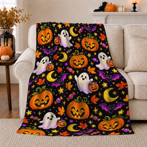 Whimsical autumn celebration Jack-O'-Lanterns Ghosts Black, Warm Flannel Blanket for Living Room and Family Room, Festive autumn celebration Scene, Art Lovers autumn celebration Gift