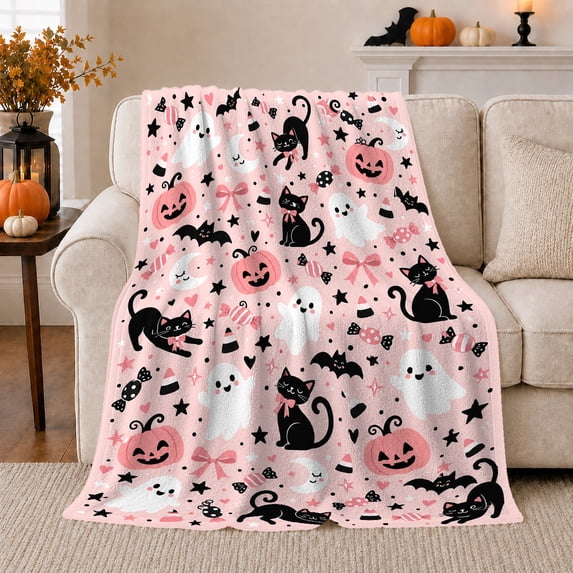 Whimsical decorative motif Cat Pink Pumpkin, Playful Pet Portrait Pattern, Warm Flannel Blanket for Living Room and Bedroom, Cat Lovers autumn celebration Gift, Pet Lover Home Decor