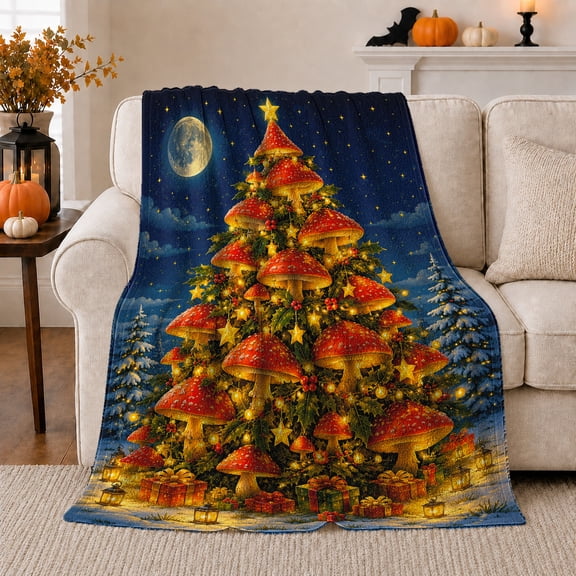 Whimsical decorative motif Christmas Tree Wonderland, Festive Holiday Scene, Warm Flannel Blanket for Cabin and Lodge with Detailed Artwork, Art Lovers Christmas Gift, Festive Home Decor