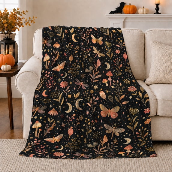 Whimsical decorative motif Moth Celestial Woodland Pattern Mystical Botanical, Mystical Woodland Scene, Warm Flannel Blanket for Cabin and Lodge, Garden Lovers Housewarming Gift, Botanical Home Decor